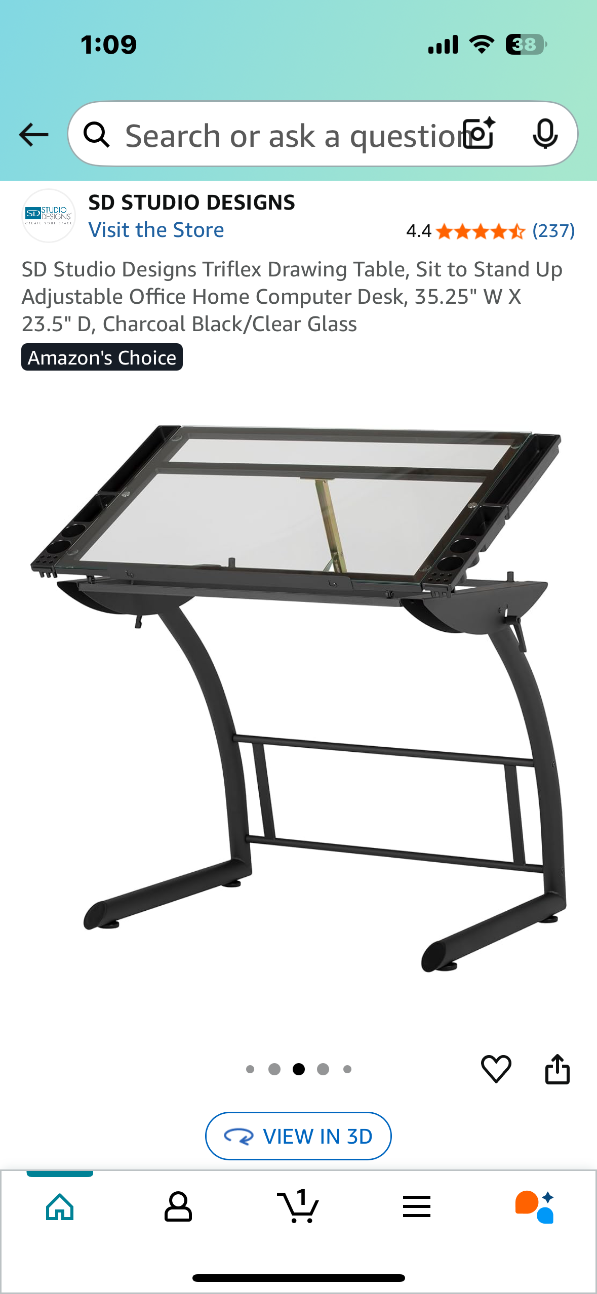 SD Studio Designs Triflex Drawing Table, Sit to Stand Up Adjustable Office Home Computer Desk, 35.25" W X 23.5" D, Charcoal Black/Clear Glass (O438)