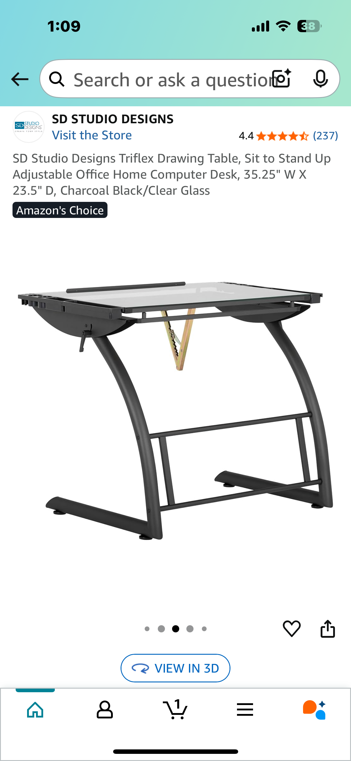 SD Studio Designs Triflex Drawing Table, Sit to Stand Up Adjustable Office Home Computer Desk, 35.25" W X 23.5" D, Charcoal Black/Clear Glass (O438)