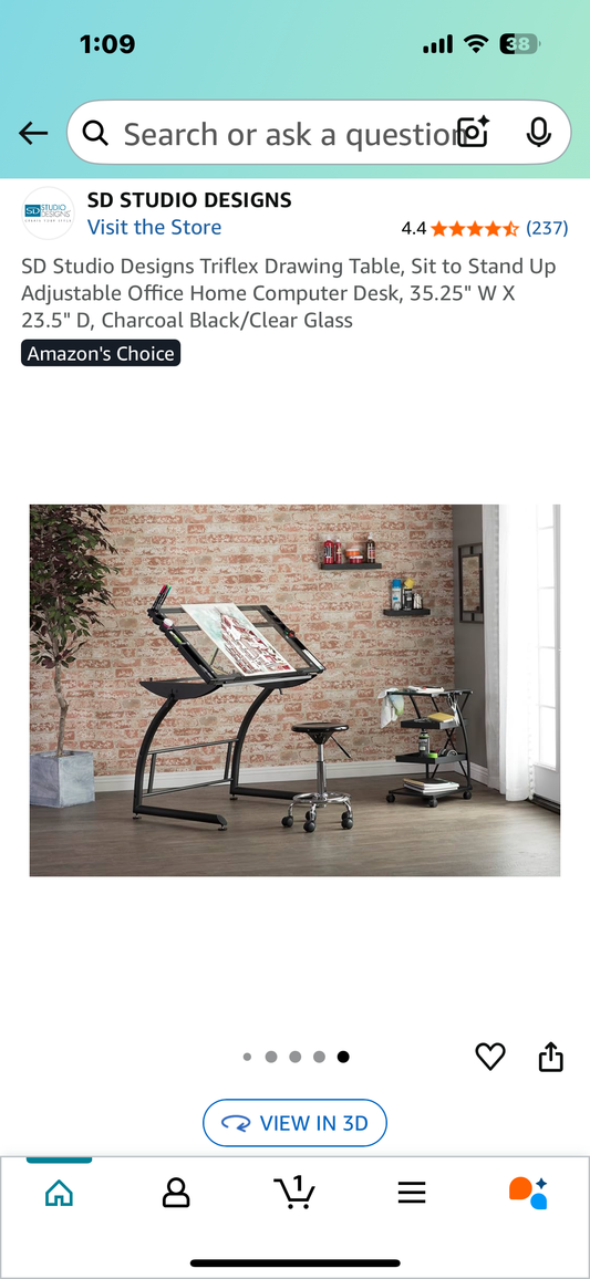 SD Studio Designs Triflex Drawing Table, Sit to Stand Up Adjustable Office Home Computer Desk, 35.25" W X 23.5" D, Charcoal Black/Clear Glass (O438)