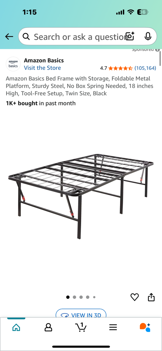Amazon Basics Bed Frame with Storage, Foldable Metal Platform, Sturdy Steel, No Box Spring Needed, 18 inches High, Tool-Free Setup, Twin Size, Black (B1057)