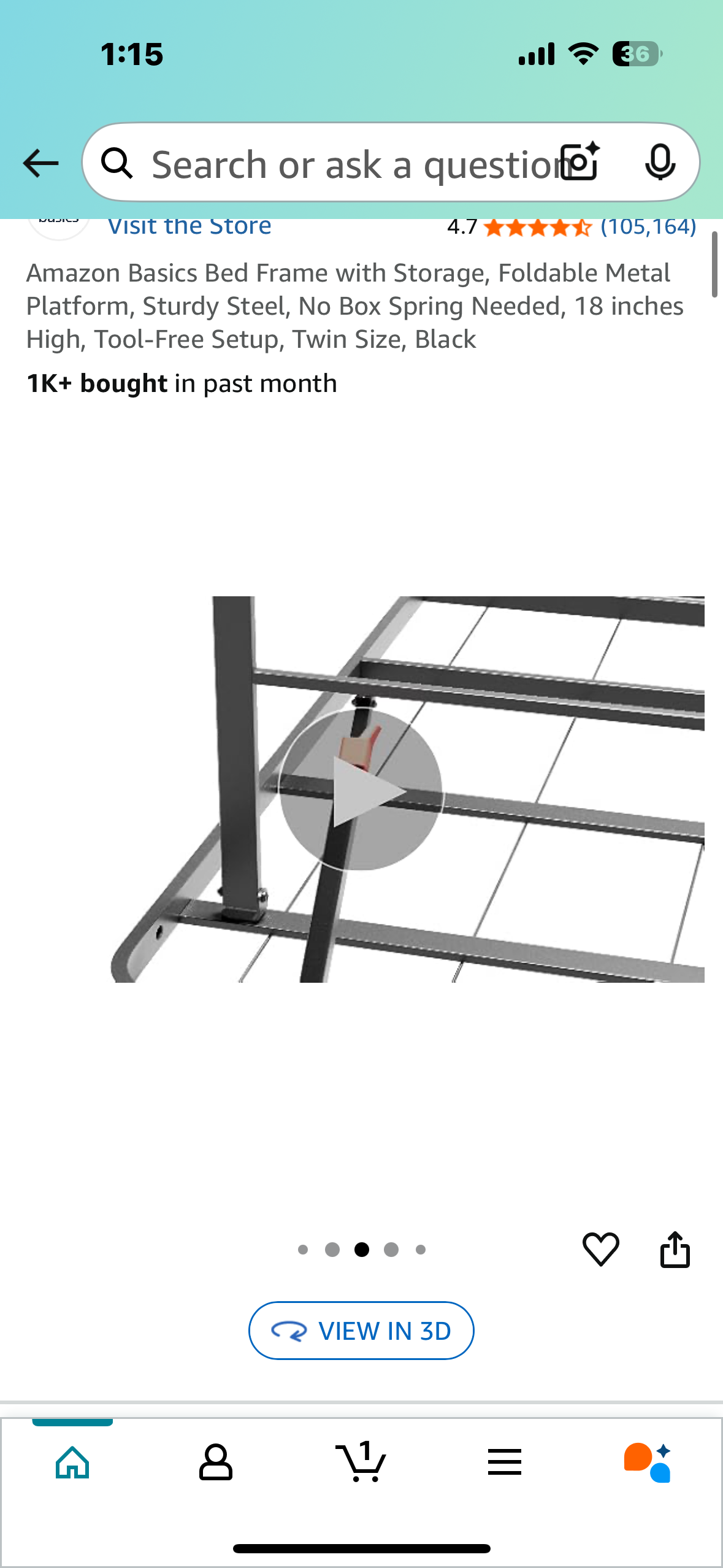 Amazon Basics Bed Frame with Storage, Foldable Metal Platform, Sturdy Steel, No Box Spring Needed, 18 inches High, Tool-Free Setup, Twin Size, Black (B1057)