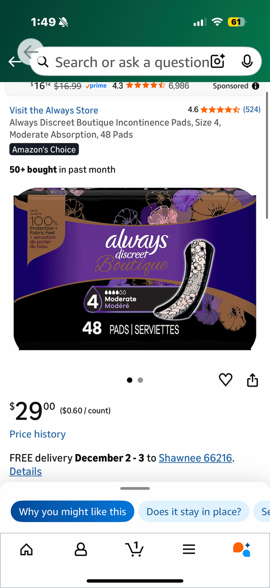 Always Discreet Boutique Incontinence Pads, Size 4, Moderate Absorption, 48 Pads