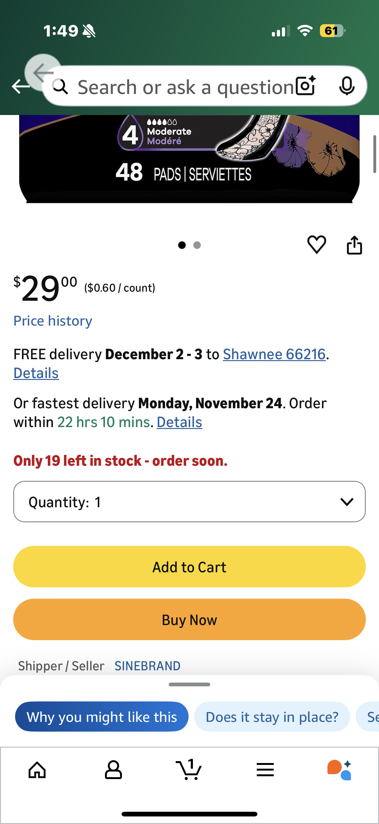 Always Discreet Boutique Incontinence Pads, Size 4, Moderate Absorption, 48 Pads