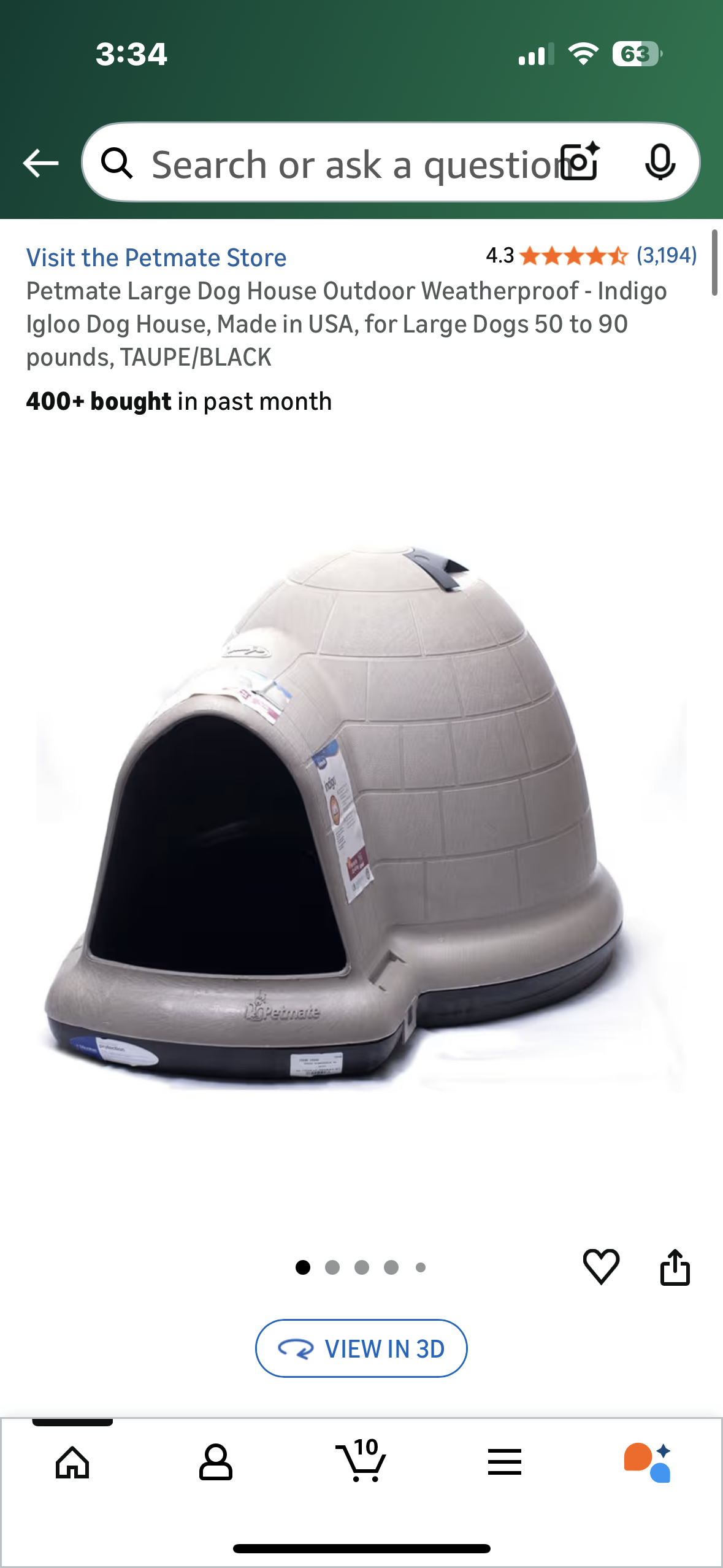 Petmate Large Dog House Outdoor Weatherproof - Indigo Igloo Dog House, Made in USA, for Large Dogs 50 to 90 pounds, TAUPE/BLACK (R742)