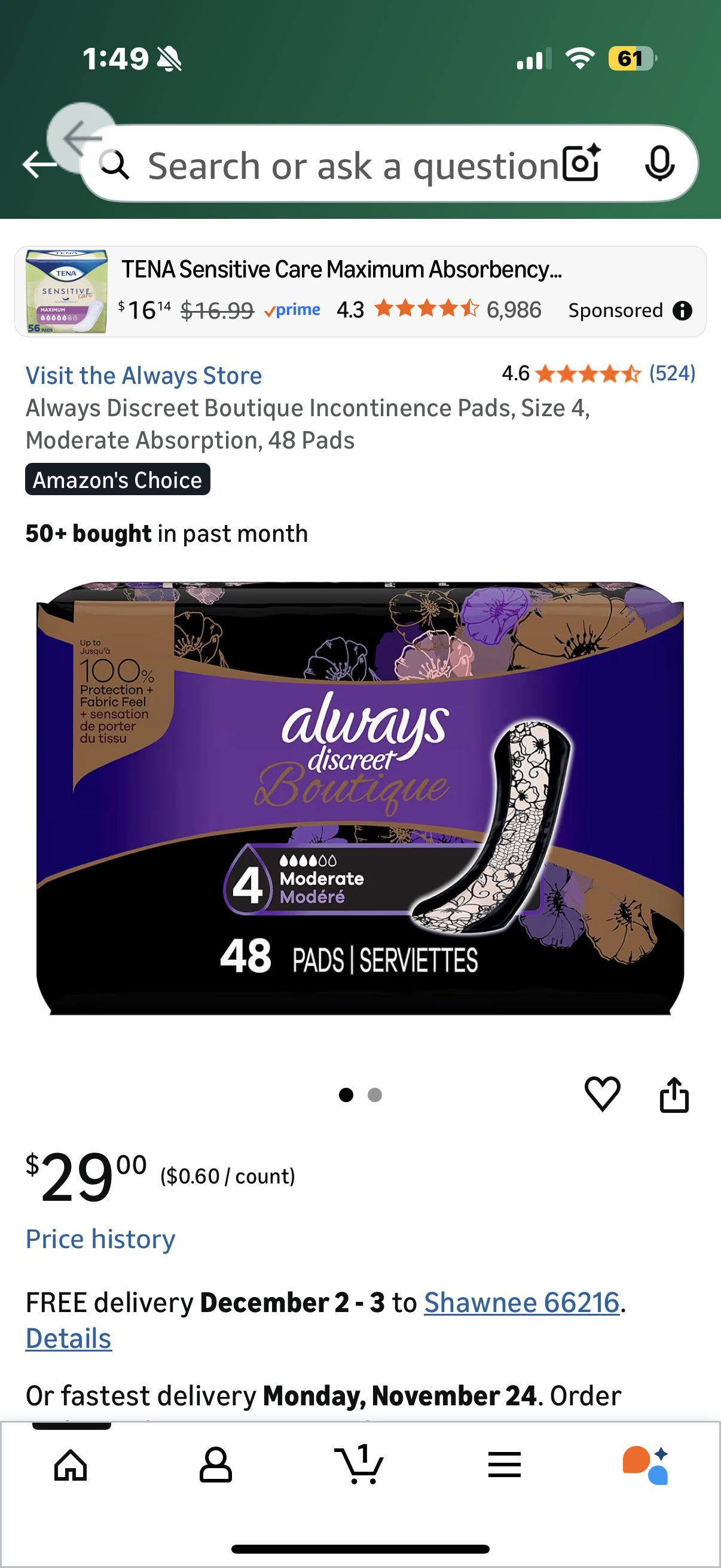 Always Discreet Boutique Incontinence Pads, Size 4, Moderate Absorption, 48 Pads