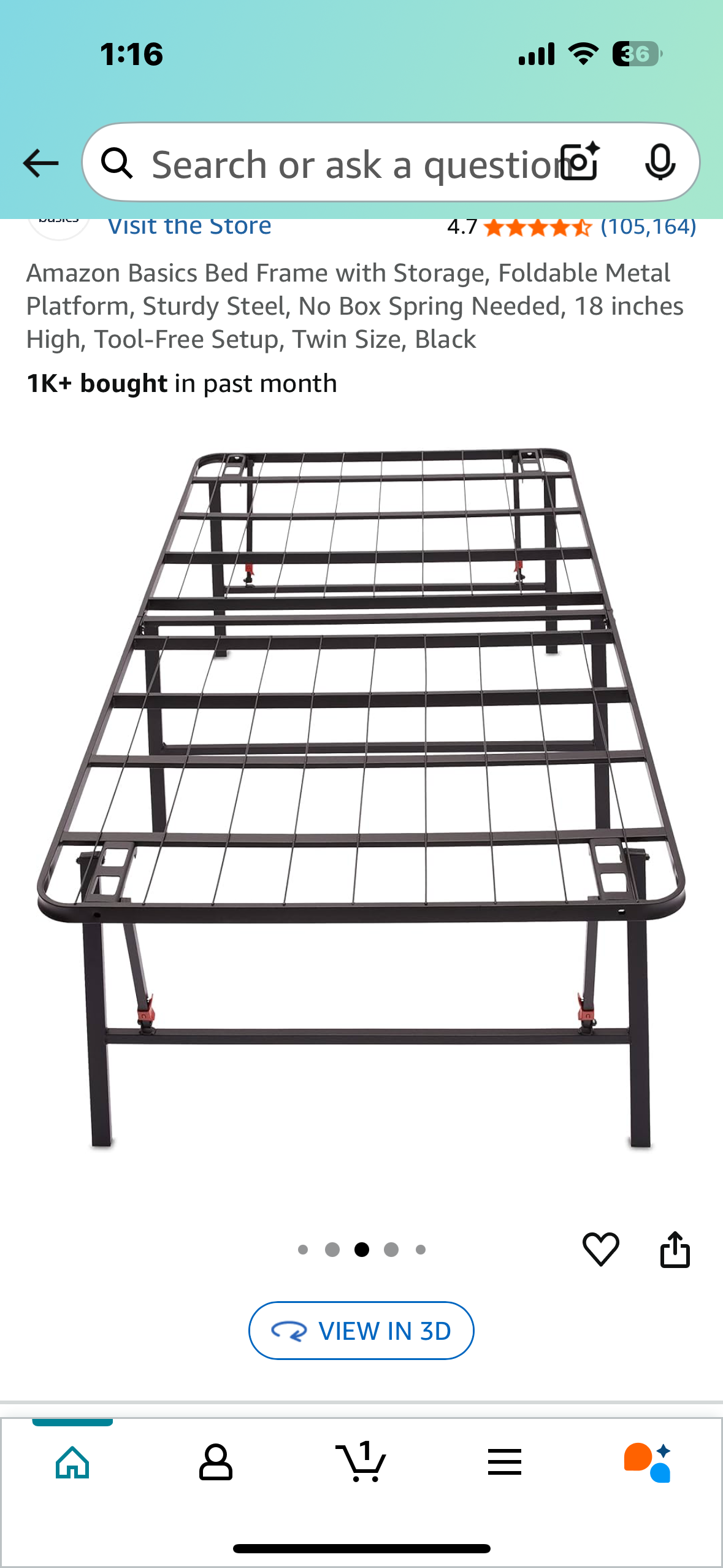 Amazon Basics Bed Frame with Storage, Foldable Metal Platform, Sturdy Steel, No Box Spring Needed, 18 inches High, Tool-Free Setup, Twin Size, Black (B1057)