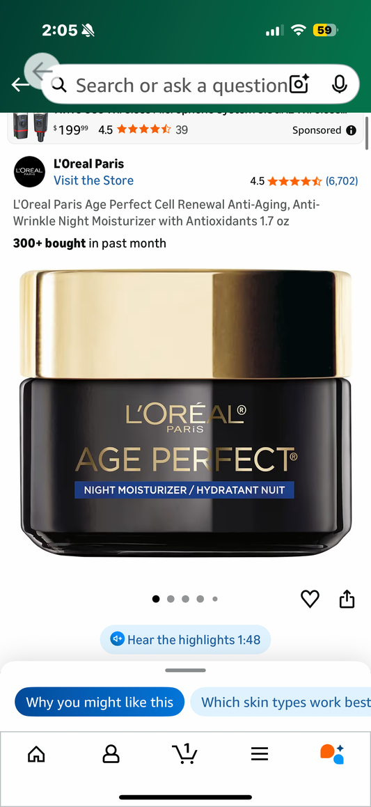 L'Oreal Paris Age Perfect Cell Renewal Anti-Aging, Anti-Wrinkle Night Moisturizer with Antioxidants 1.7 oz