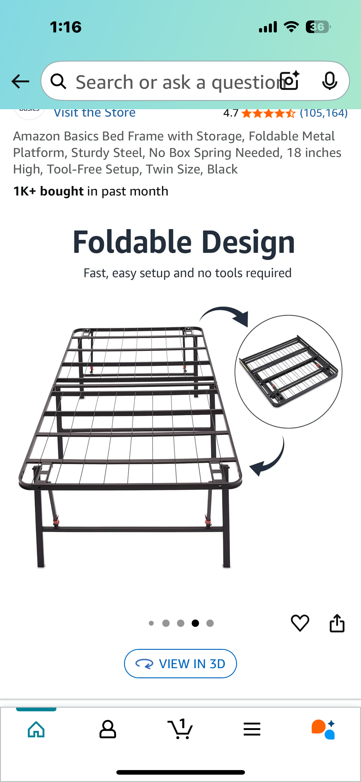 Amazon Basics Bed Frame with Storage, Foldable Metal Platform, Sturdy Steel, No Box Spring Needed, 18 inches High, Tool-Free Setup, Twin Size, Black (B1057)