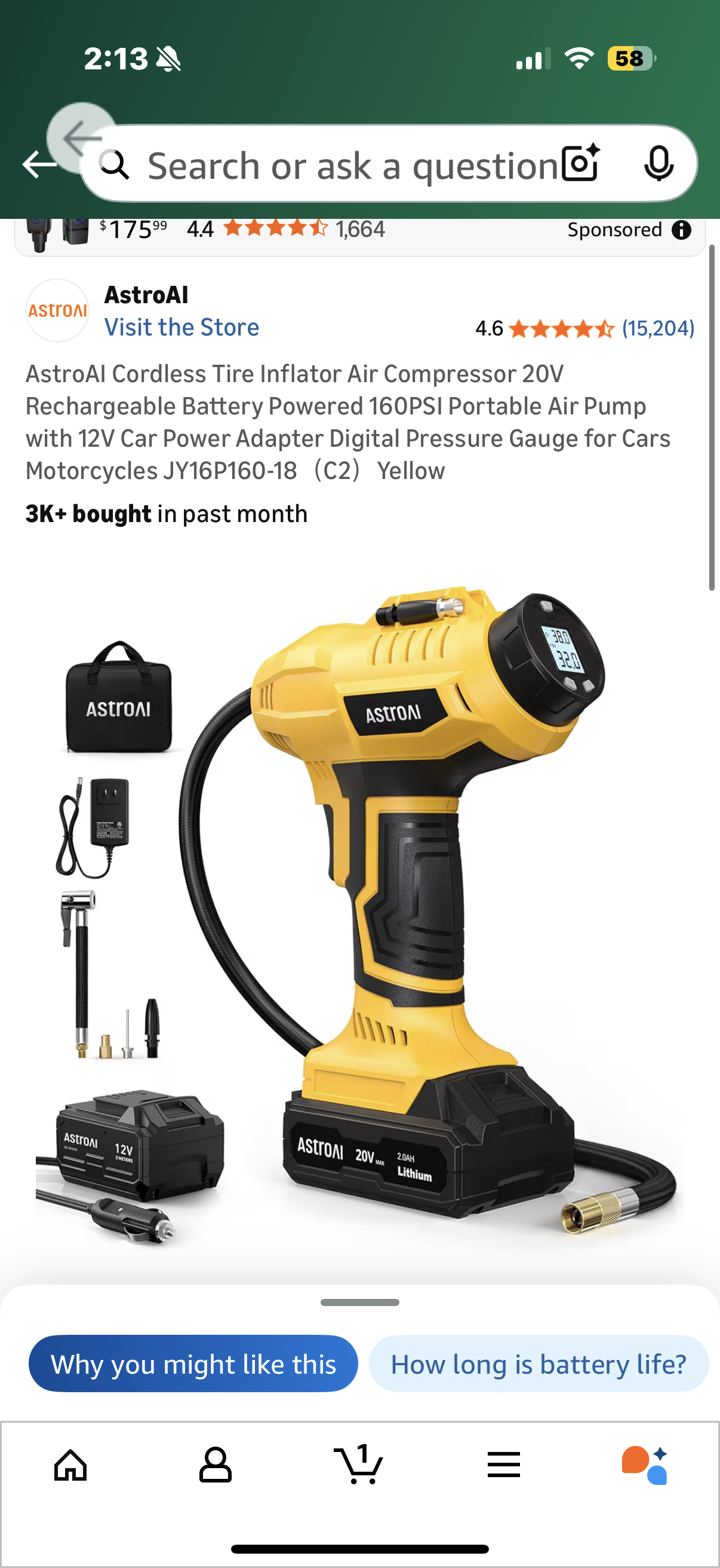 AstroAI Cordless Tire Inflator Air Compressor 20V Rechargeable Battery Powered 160PSI Portable Air Pump with 12V Car Power Adapter Digital Pressure Gauge for Cars Motorcycles JY16P160-18（C2）Yellow