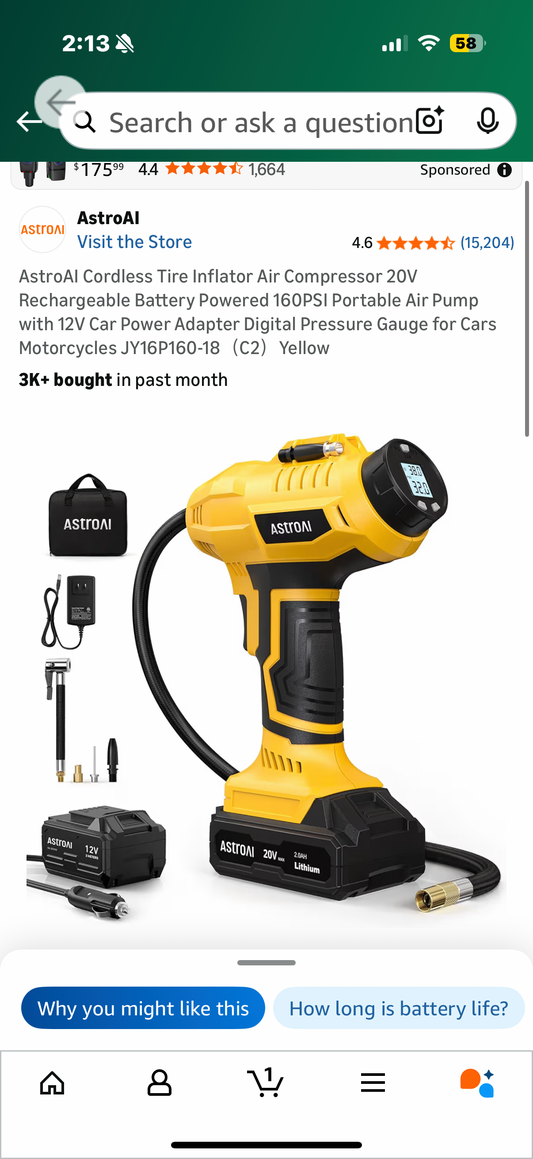 AstroAI Cordless Tire Inflator Air Compressor 20V Rechargeable Battery Powered 160PSI Portable Air Pump with 12V Car Power Adapter Digital Pressure Gauge for Cars Motorcycles JY16P160-18（C2）Yellow