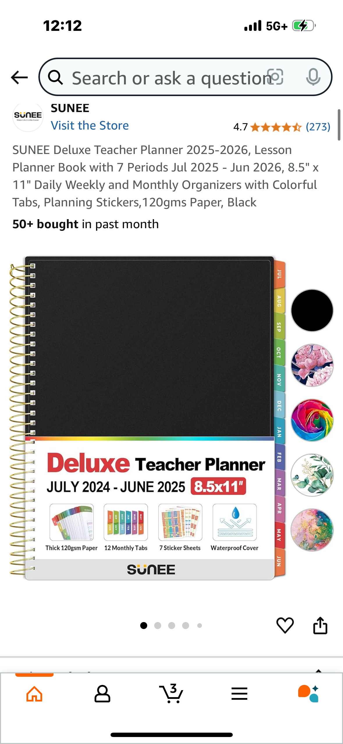Deluxe Teacher Planner 2025-2026, Lesson Planner Book with 7 Periods Jul 2025 - Jun 2026, 8.5" x 11" Daily Weekly and Monthly Organizers with Colorful Tabs, Planning Stickers,120gms Paper, Black