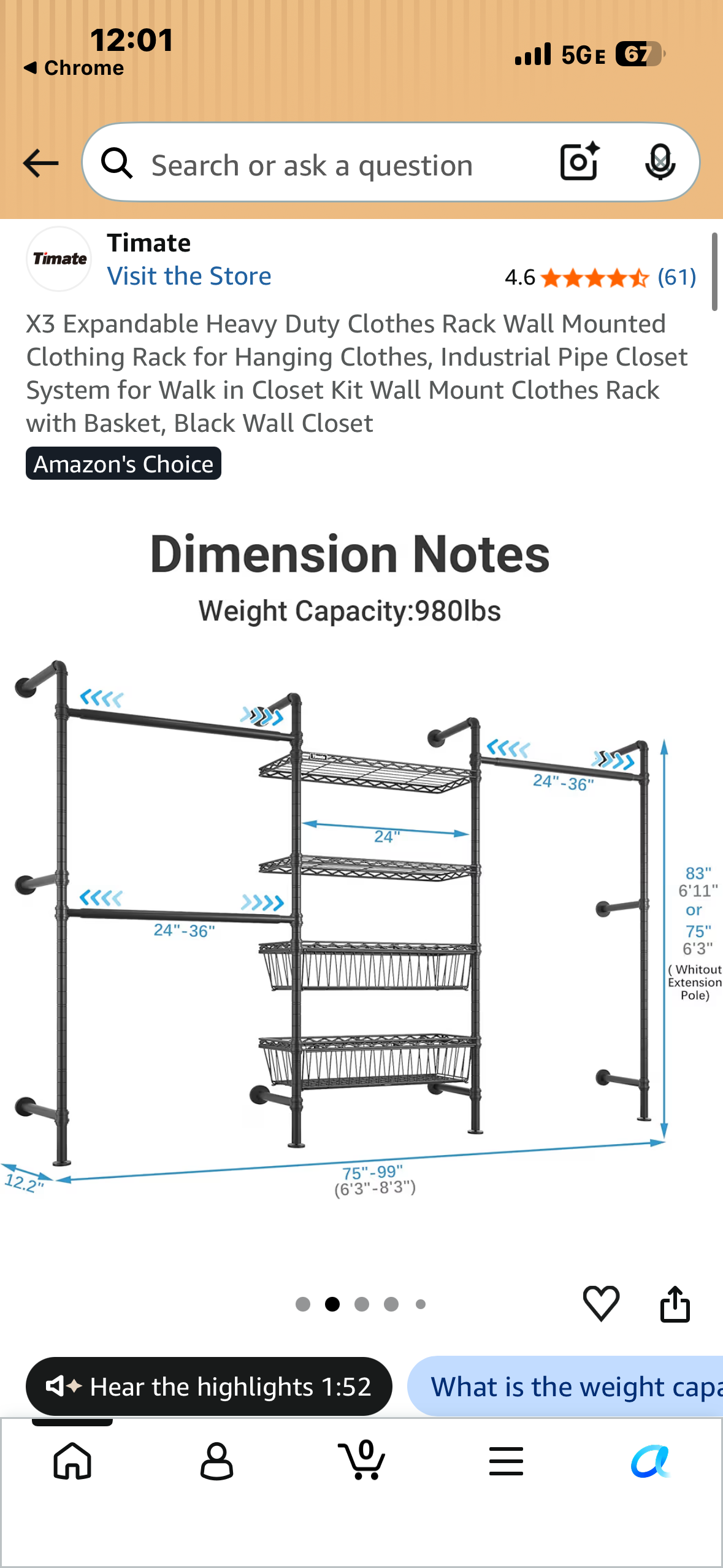 Expandable Heavy Duty Clothes Rack, Wall Mounted Clothing Rack for Hanging Clothes, Industrial Pipe Closet System for Walk in Closet, Clothes Rack with Basket, Black Wall Closet