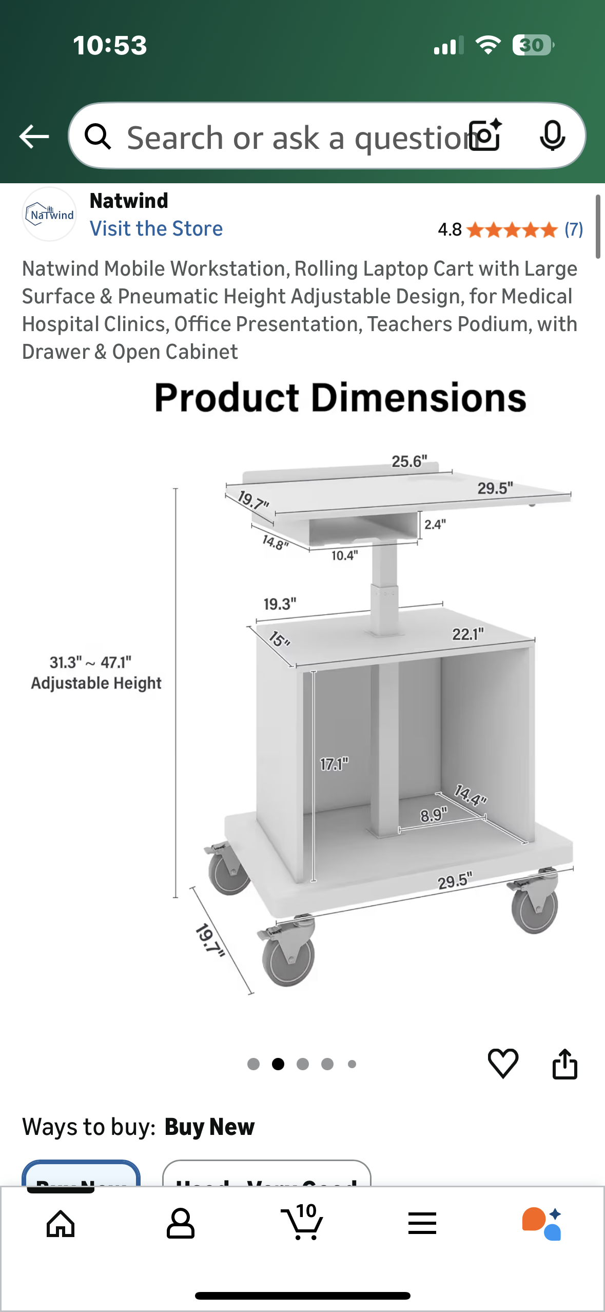 Mobile Workstation, Rolling Laptop Cart with Large Surface & Pneumatic Height Adjustable Design, for Office Presentations, Teachers Podium, Clinic Settings, Work, with Drawer & Open Cabinet (O460)