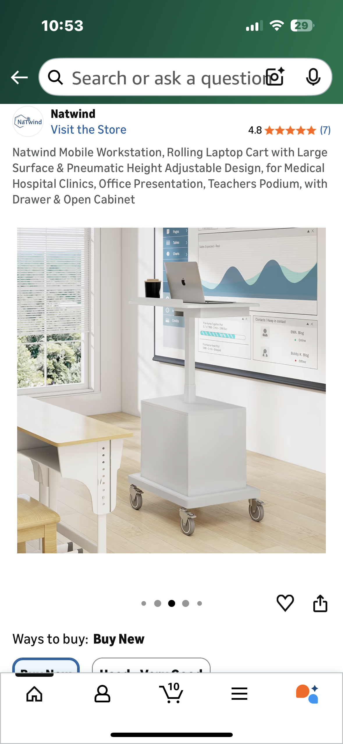 Mobile Workstation, Rolling Laptop Cart with Large Surface & Pneumatic Height Adjustable Design, for Office Presentations, Teachers Podium, Clinic Settings, Work, with Drawer & Open Cabinet (O460)