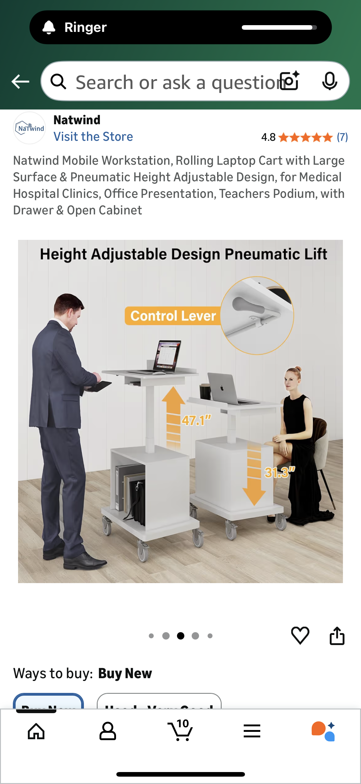 Mobile Workstation, Rolling Laptop Cart with Large Surface & Pneumatic Height Adjustable Design, for Office Presentations, Teachers Podium, Clinic Settings, Work, with Drawer & Open Cabinet (O460)