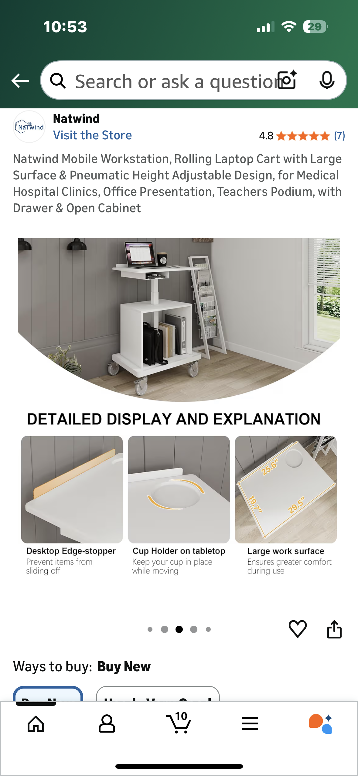 Mobile Workstation, Rolling Laptop Cart with Large Surface & Pneumatic Height Adjustable Design, for Office Presentations, Teachers Podium, Clinic Settings, Work, with Drawer & Open Cabinet (O460)