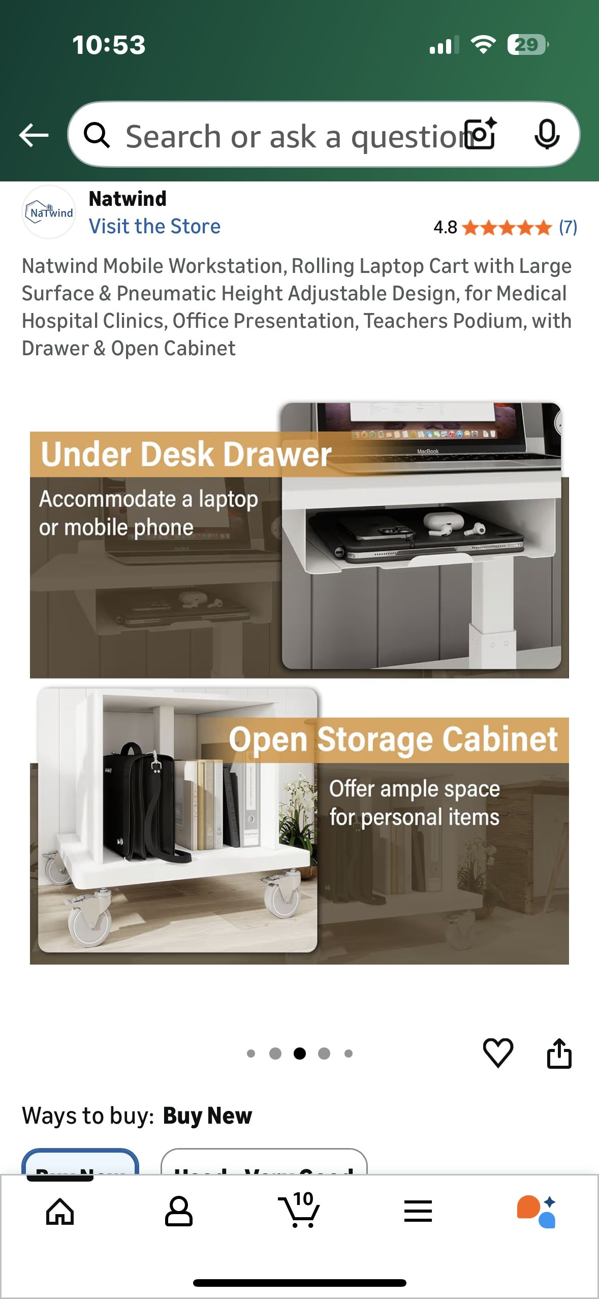 Mobile Workstation, Rolling Laptop Cart with Large Surface & Pneumatic Height Adjustable Design, for Office Presentations, Teachers Podium, Clinic Settings, Work, with Drawer & Open Cabinet (O460)