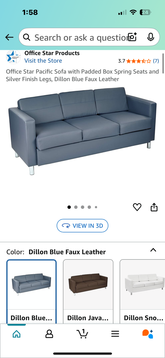 Pacific Sofa with Padded Box Spring Seats and Silver Finish Legs, Dillon Blue Faux Leather (L976)