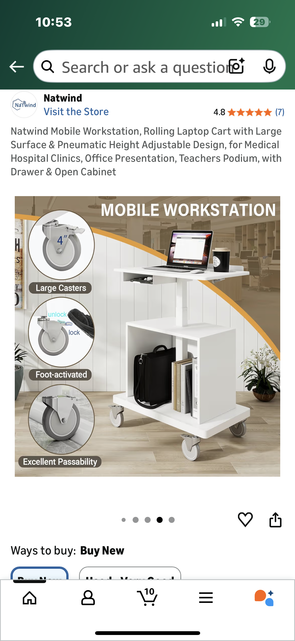 Mobile Workstation, Rolling Laptop Cart with Large Surface & Pneumatic Height Adjustable Design, for Office Presentations, Teachers Podium, Clinic Settings, Work, with Drawer & Open Cabinet (O460)
