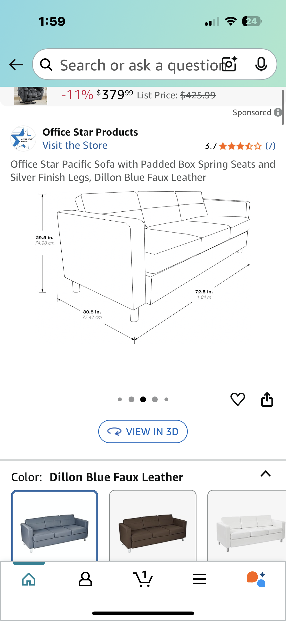 Pacific Sofa with Padded Box Spring Seats and Silver Finish Legs, Dillon Blue Faux Leather (L976)