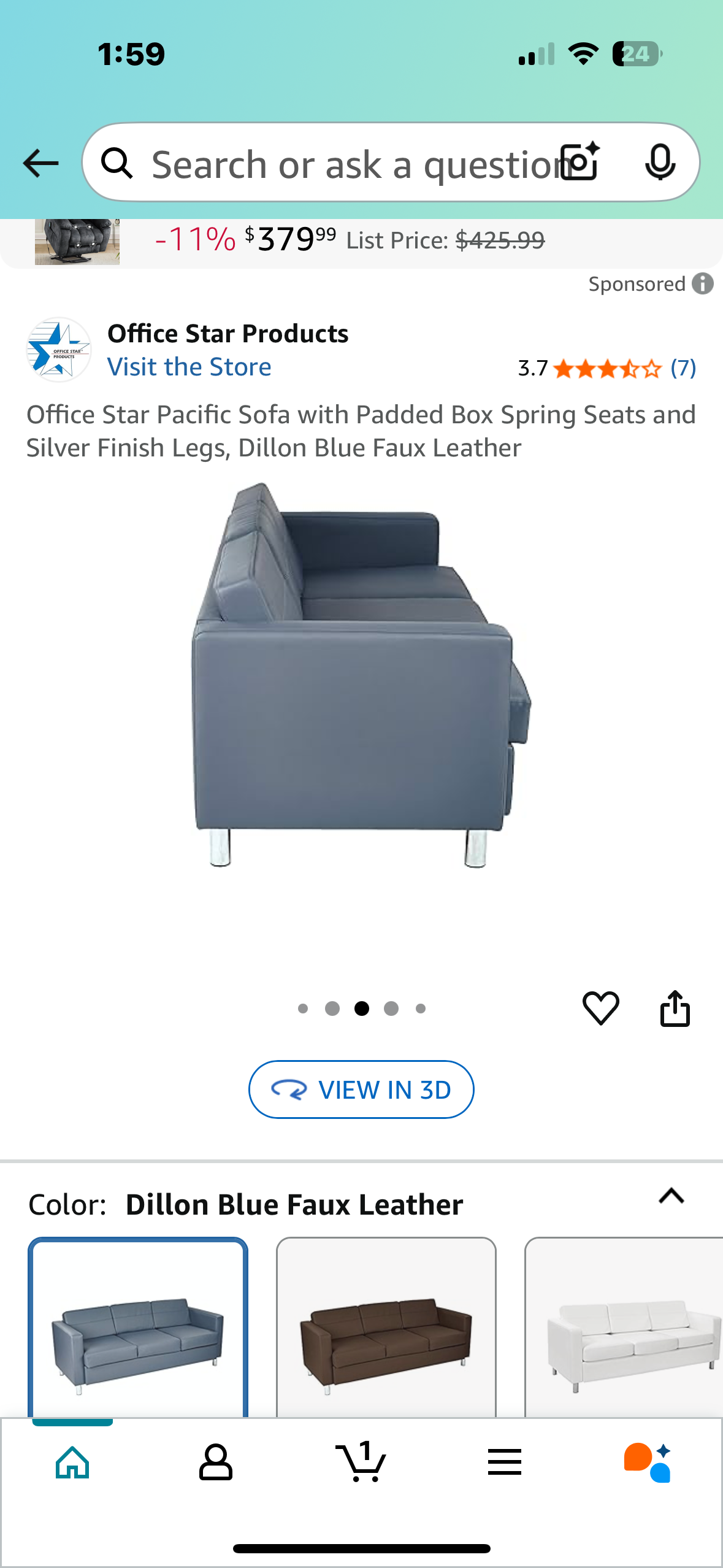 Pacific Sofa with Padded Box Spring Seats and Silver Finish Legs, Dillon Blue Faux Leather (L976)
