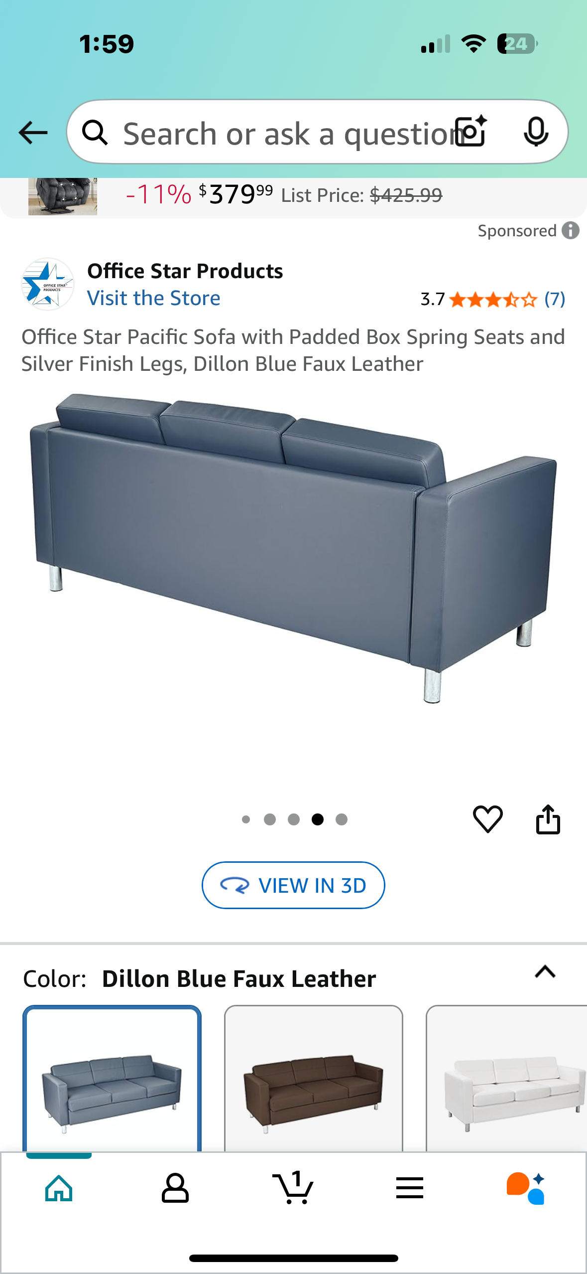 Pacific Sofa with Padded Box Spring Seats and Silver Finish Legs, Dillon Blue Faux Leather (L976)