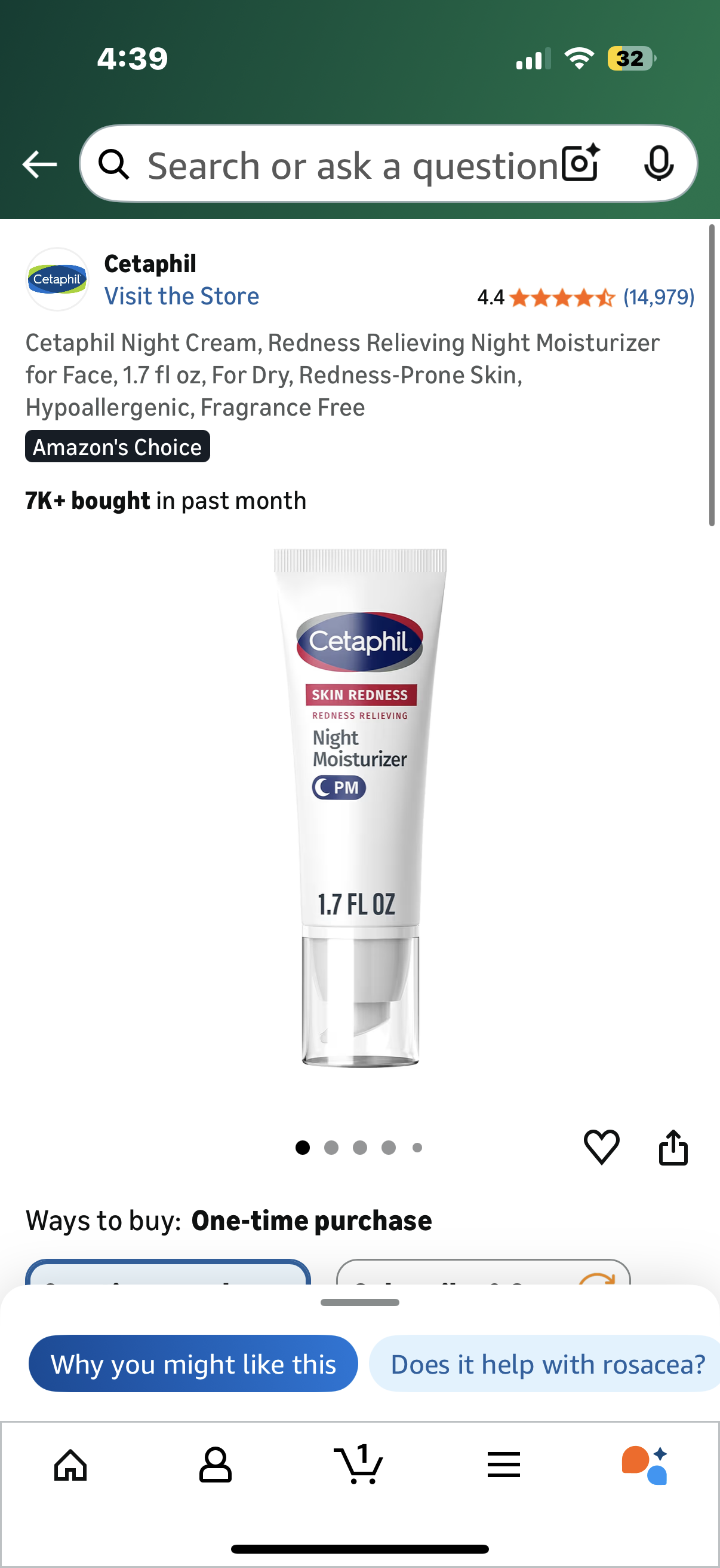 Cetaphil Night Cream, Redness Relieving Night Moisturizer for Face, 1.7 fl oz, For Dry, Redness-Prone Skin, Hypoallergenic, Fragrance Free
