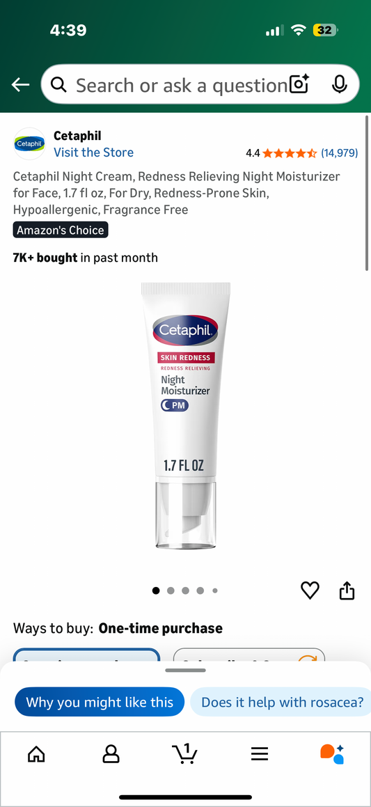 Cetaphil Night Cream, Redness Relieving Night Moisturizer for Face, 1.7 fl oz, For Dry, Redness-Prone Skin, Hypoallergenic, Fragrance Free