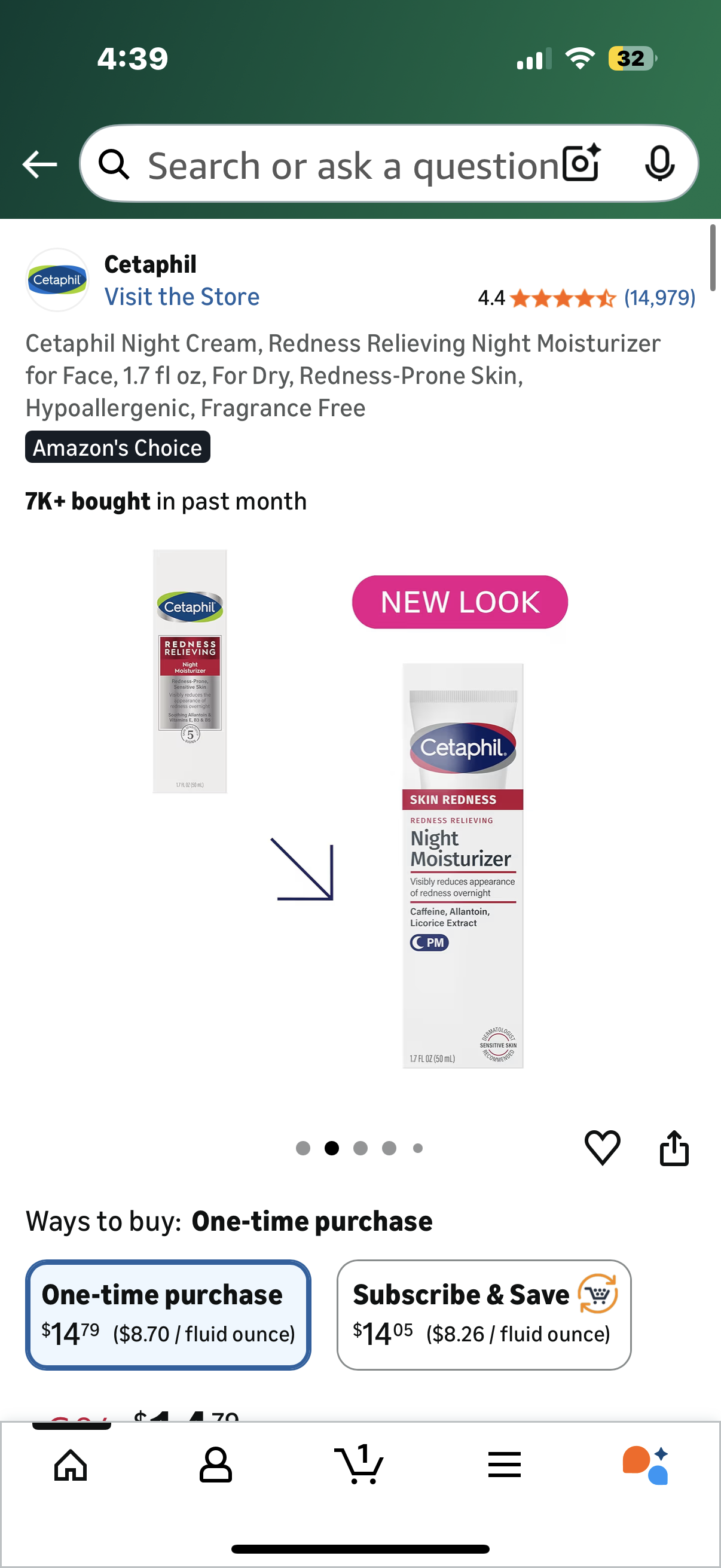 Cetaphil Night Cream, Redness Relieving Night Moisturizer for Face, 1.7 fl oz, For Dry, Redness-Prone Skin, Hypoallergenic, Fragrance Free