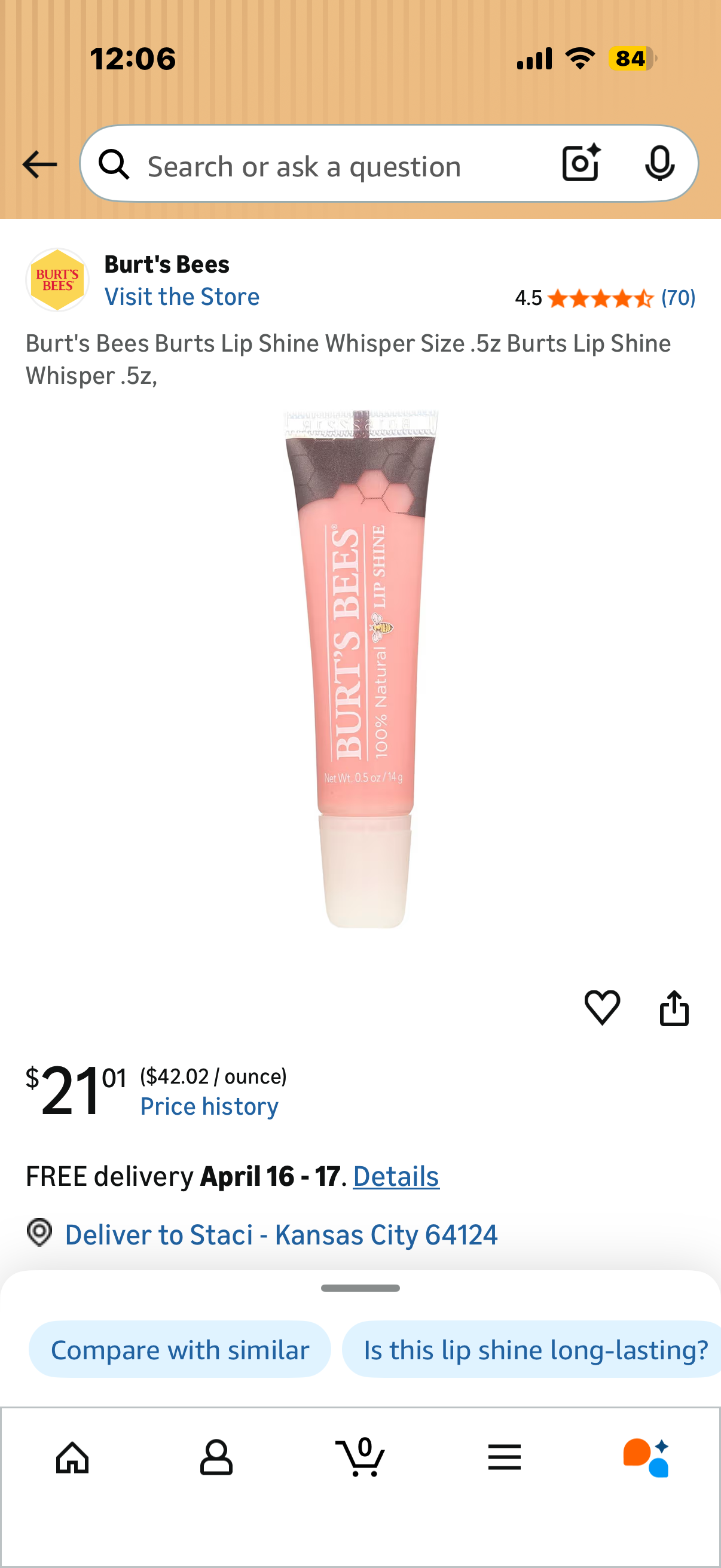 Burt's Bees Burts Lip Shine Whisper Size .5z Burts Lip Shine Whisper .5z,