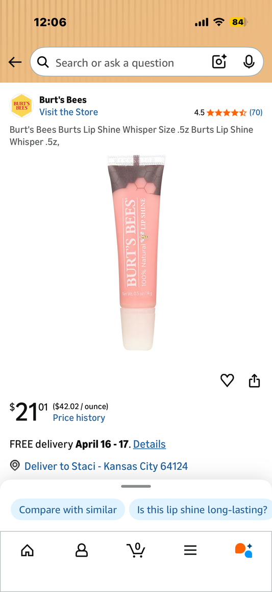 Burt's Bees Burts Lip Shine Whisper Size .5z Burts Lip Shine Whisper .5z,