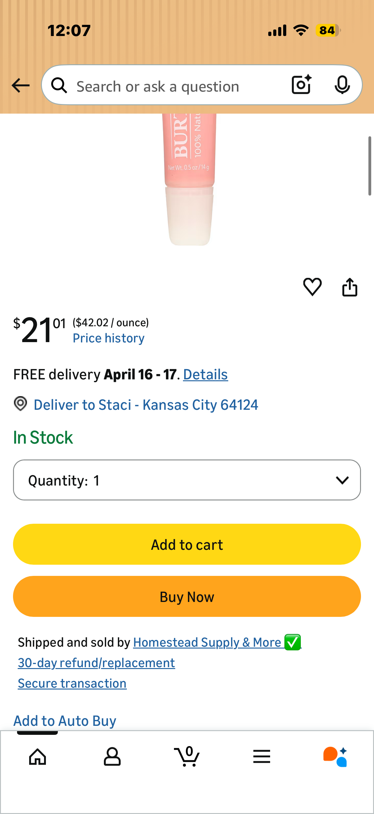 Burt's Bees Burts Lip Shine Whisper Size .5z Burts Lip Shine Whisper .5z,