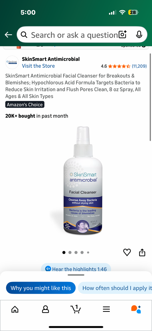 SkinSmart Antimicrobial Facial Cleanser for Breakouts & Blemishes; Hypochlorous Acid Formula Targets Bacteria to Reduce Skin Irritation and Flush Pores Clean, 8 oz Spray, All Ages & All Skin Types Amazon's