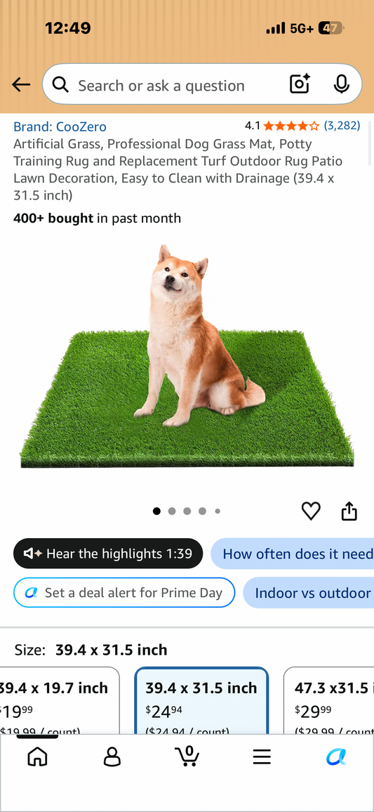 Artificial Grass, Professional Dog Grass Mat, Potty Training Rug and Replacement Turf Outdoor Rug Patio Lawn Decoration, Easy to Clean with Drainage (39.4 x 31.5 inch)