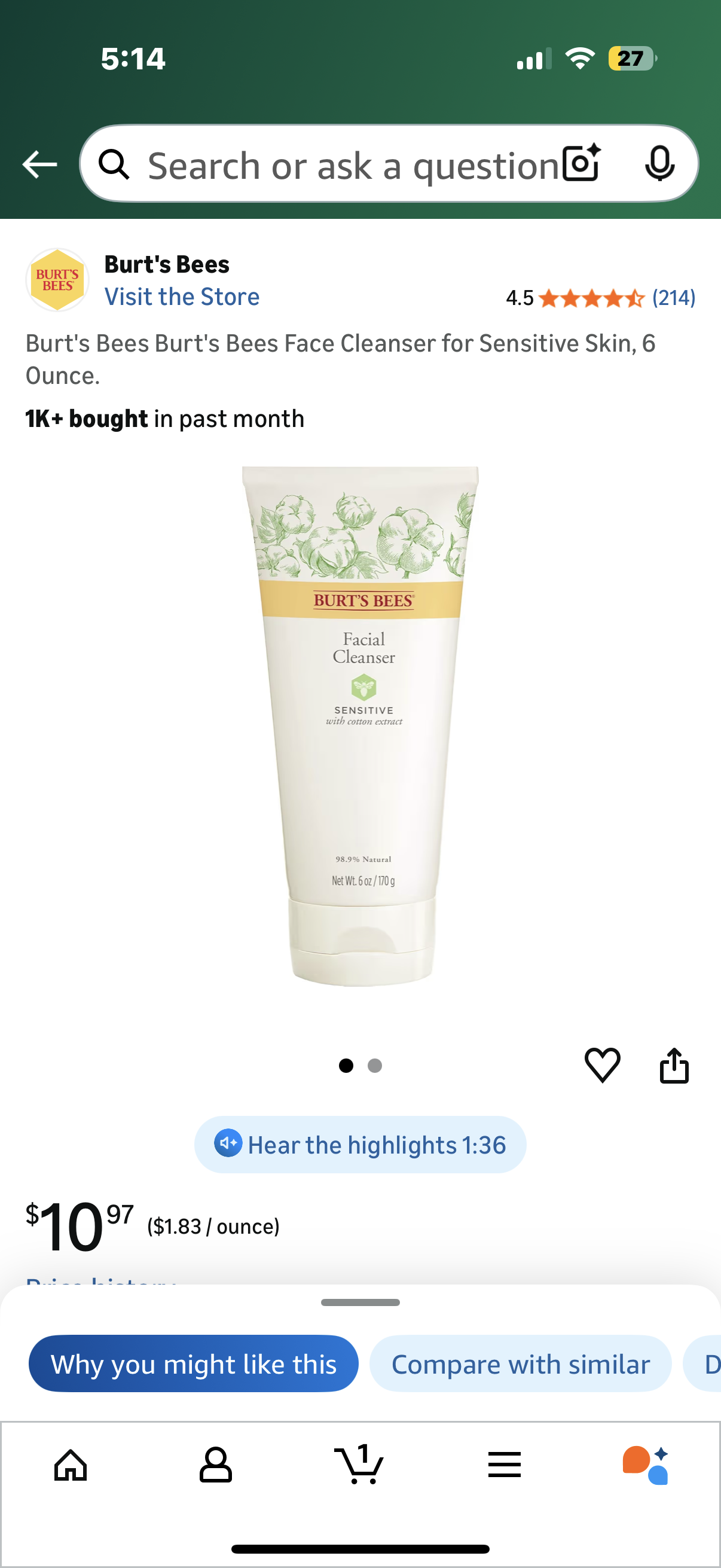 Burt's Bees Burt's Bees Face Cleanser for Sensitive Skin, 6 Ounce