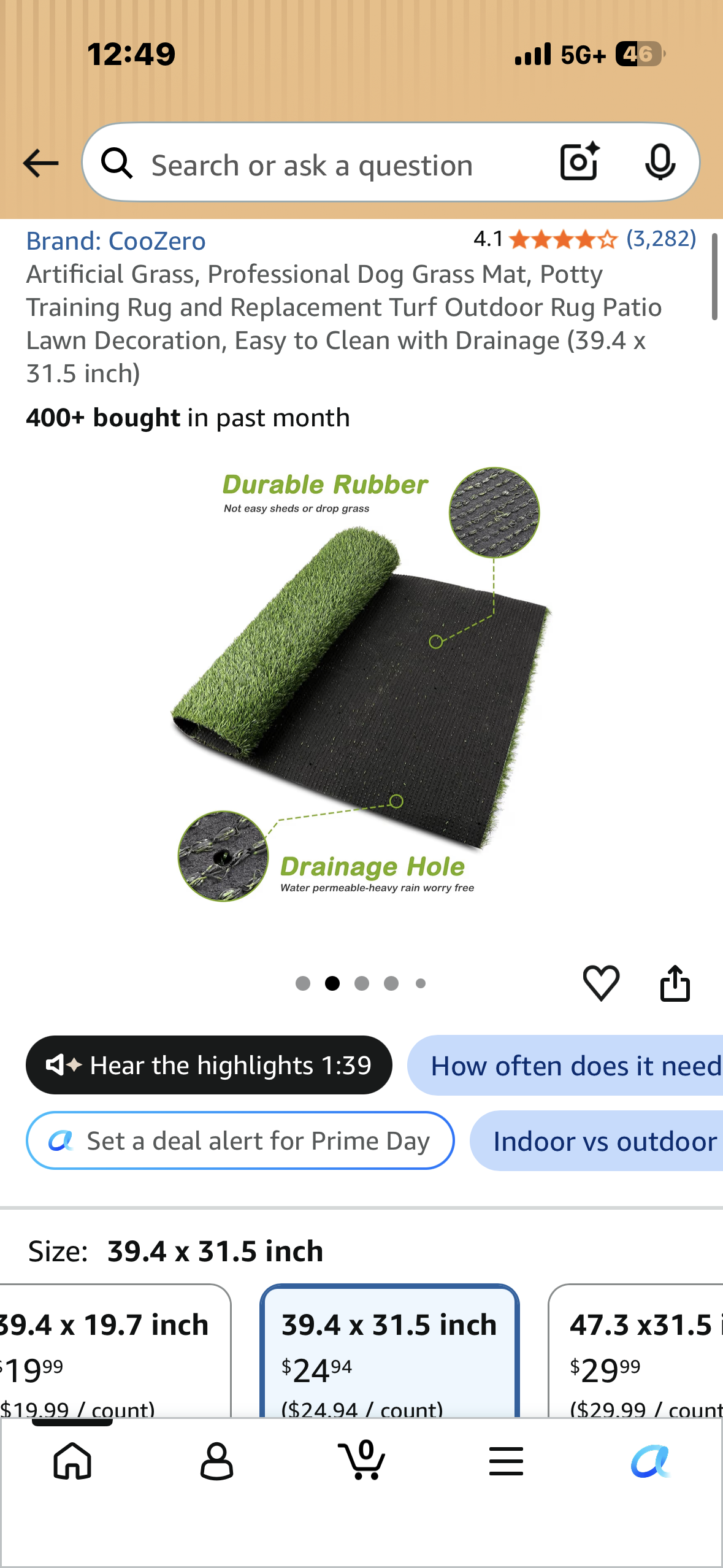 Artificial Grass, Professional Dog Grass Mat, Potty Training Rug and Replacement Turf Outdoor Rug Patio Lawn Decoration, Easy to Clean with Drainage (39.4 x 31.5 inch)