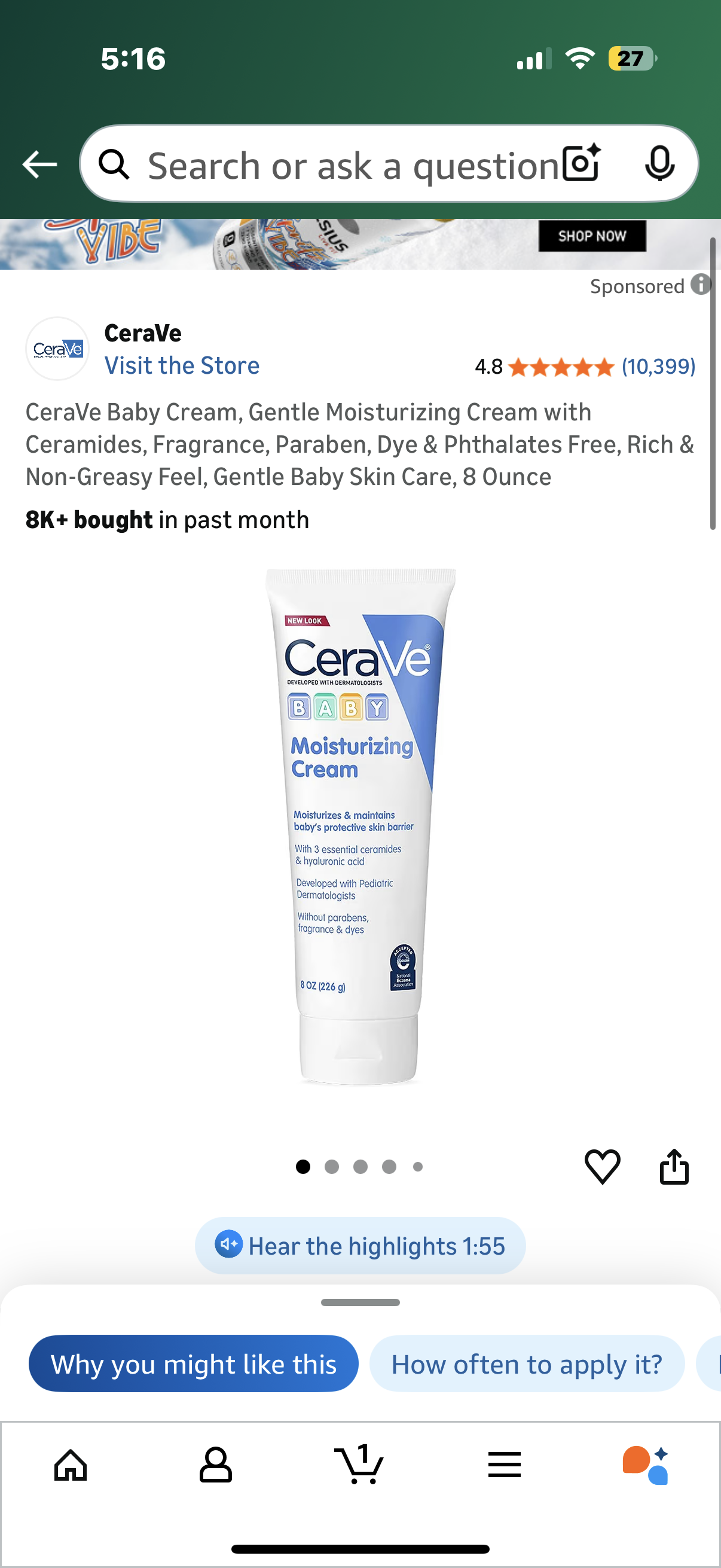 CeraVe Baby Cream, Gentle Moisturizing Cream with Ceramides, Fragrance, Paraben, Dye & Phthalates Free, Rich & Non-Greasy Feel, Gentle Baby Skin Care, 8 Ounce