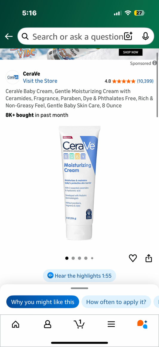 CeraVe Baby Cream, Gentle Moisturizing Cream with Ceramides, Fragrance, Paraben, Dye & Phthalates Free, Rich & Non-Greasy Feel, Gentle Baby Skin Care, 8 Ounce