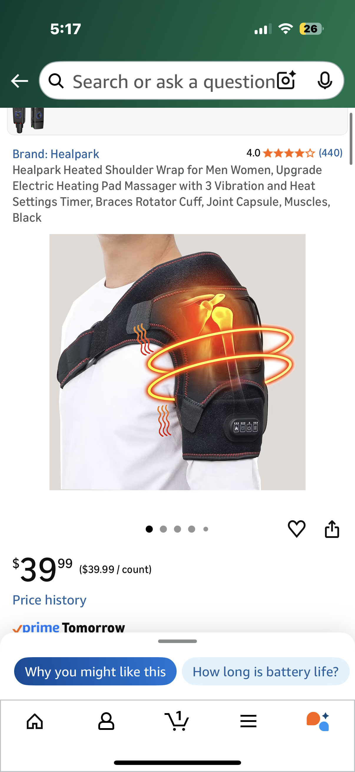 Healpark Heated Shoulder Wrap for Men Women, Upgrade Electric Heating Pad Massager with 3 Vibration and Heat Settings Timer, Braces Rotator Cuff, Joint Capsule, Muscles, Black