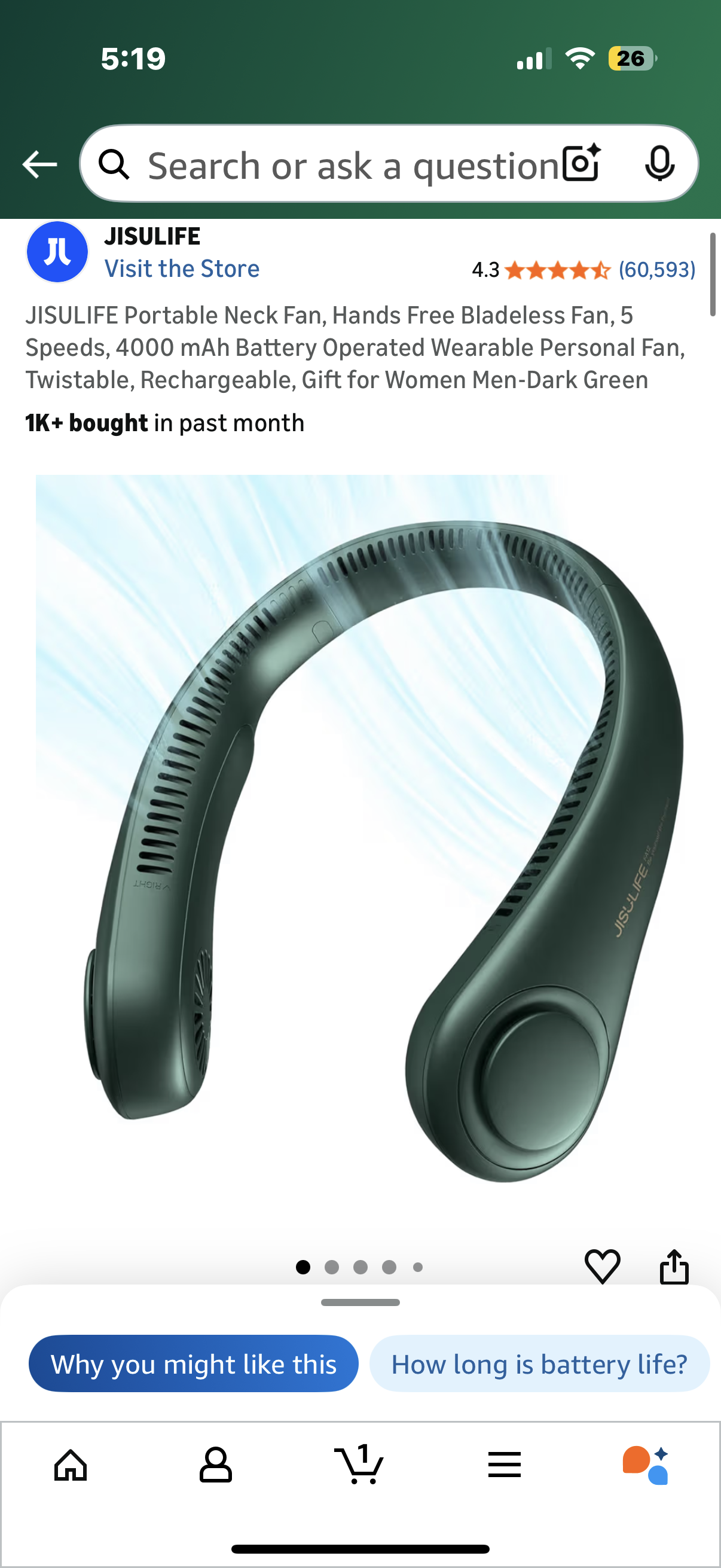 JISULIFE Portable Neck Fan, Hands Free Bladeless Fan, 5 Speeds, 4000 mAh Battery Operated Wearable Personal Fan, Twistable, Rechargeable, Gift for Women Men-Dark Green