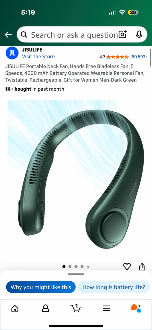 JISULIFE Portable Neck Fan, Hands Free Bladeless Fan, 5 Speeds, 4000 mAh Battery Operated Wearable Personal Fan, Twistable, Rechargeable, Gift for Women Men-Dark Green