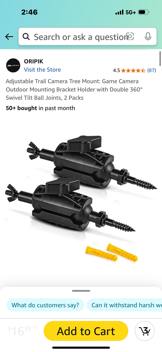 Adjustable Trail Camera Tree Mount: Game Camera Outdoor Mounting Bracket Holder with Double 360° Swivel Tilt Ball Joints, 2 Packs