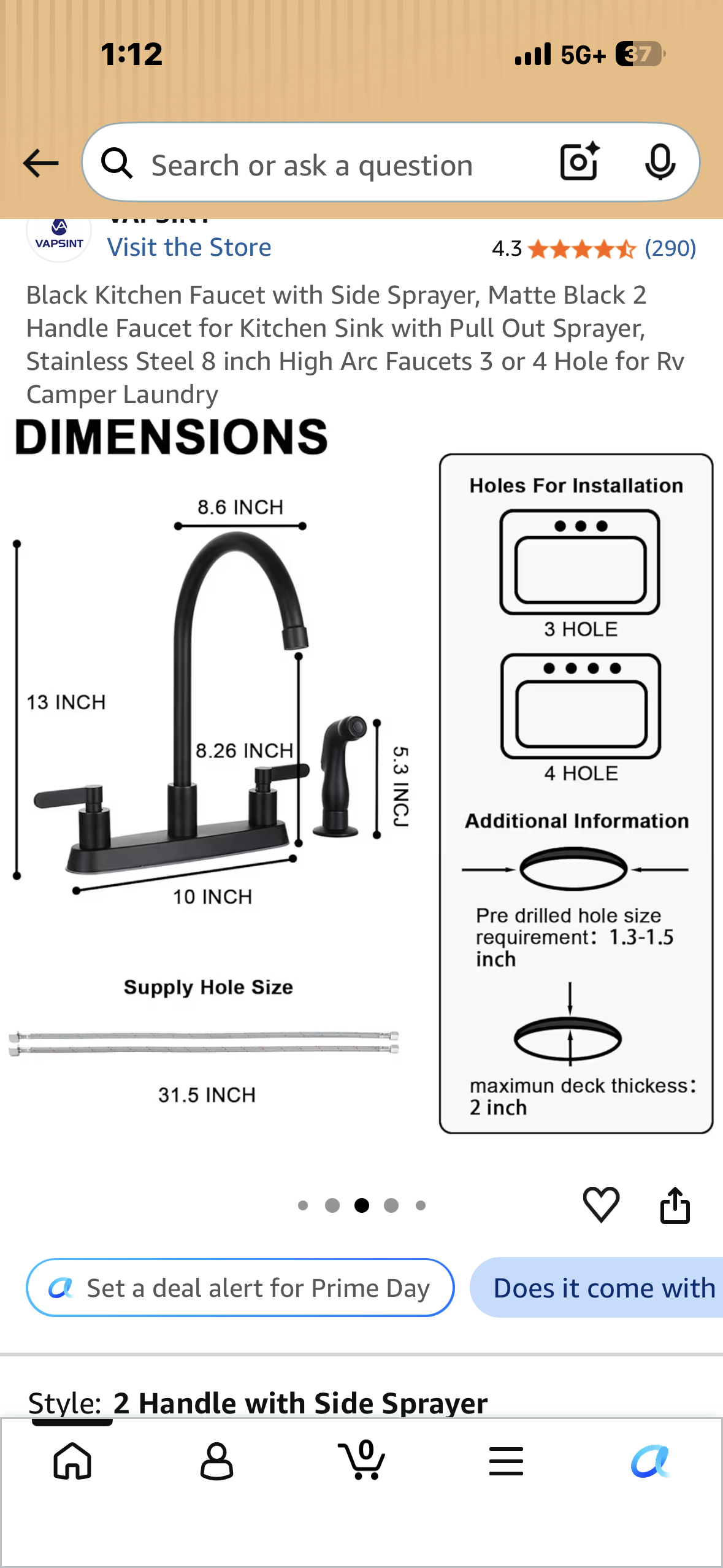 Black Kitchen Faucet with Side Sprayer, Matte Black 2 Handle Faucet for Kitchen Sink with Pull Out Sprayer, Stainless Steel 8 inch High Arc Faucets 3 or 4 Hole for Rv Camper Laundry