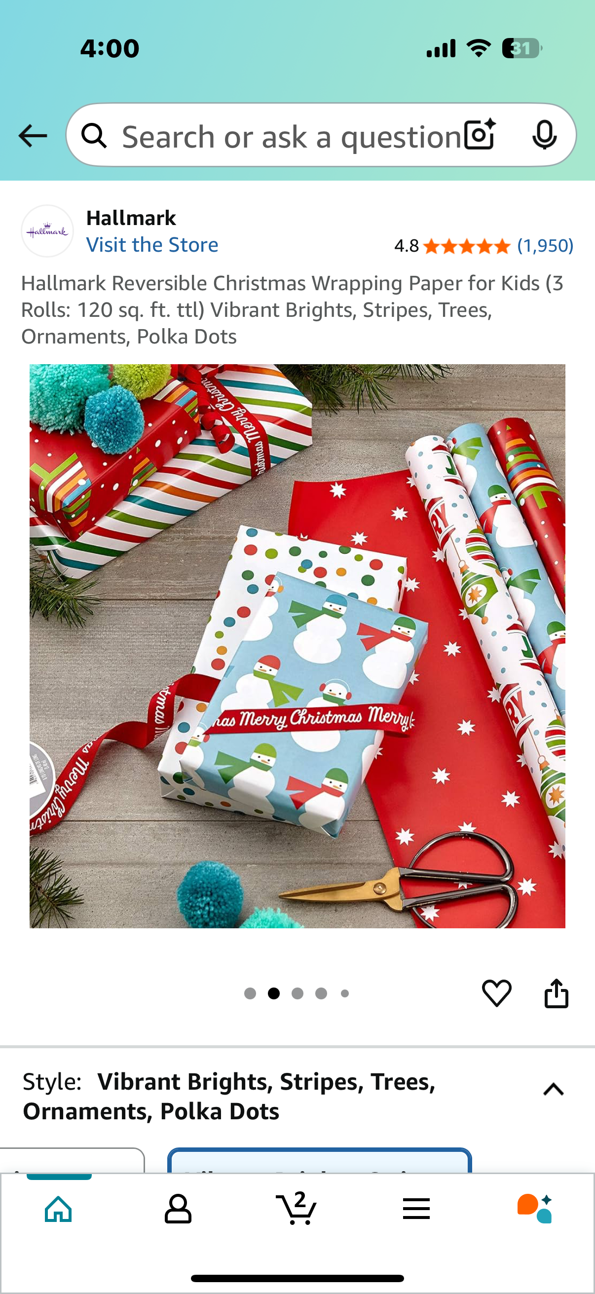 Hallmark Reversible Christmas Wrapping Paper for Kids (3 Rolls: 120 sq. ft. ttl) Vibrant Brights, Stripes, Trees, Ornaments, Polka Dots
