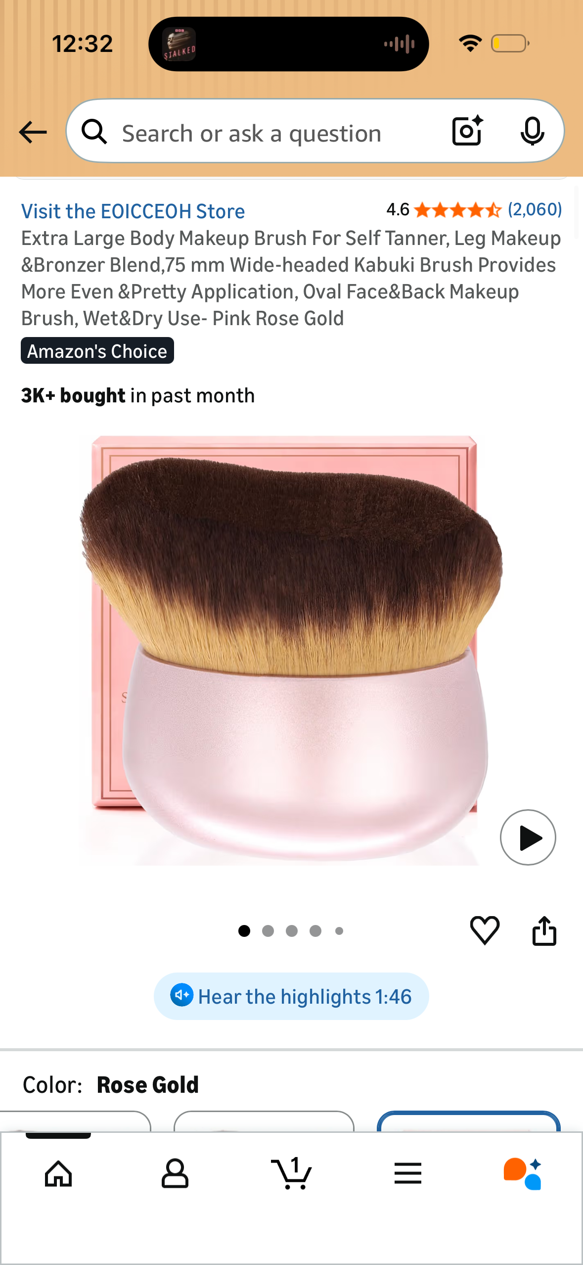 Extra Large Body Makeup Brush For Self Tanner, Leg Makeup &Bronzer Blend,75 mm Wide-headed Kabuki Brush Provides More Even &Pretty Application, Oval Face&Back Makeup Brush, Wet&Dry Use- Pink Rose Gold