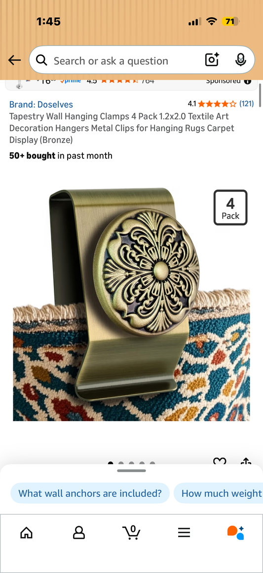 Tapestry Wall Hanging Clamps 4 Pack 1.2x2.0 Textile Art Decoration Hangers Metal Clips for Hanging Rugs Carpet Display (Bronze)