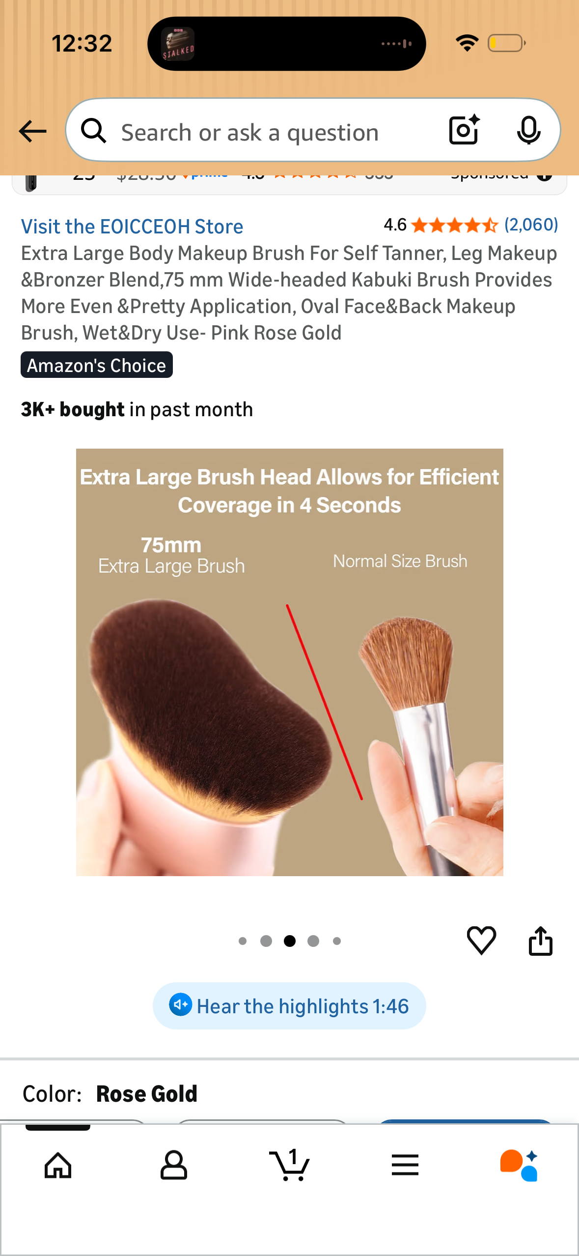 Extra Large Body Makeup Brush For Self Tanner, Leg Makeup &Bronzer Blend,75 mm Wide-headed Kabuki Brush Provides More Even &Pretty Application, Oval Face&Back Makeup Brush, Wet&Dry Use- Pink Rose Gold