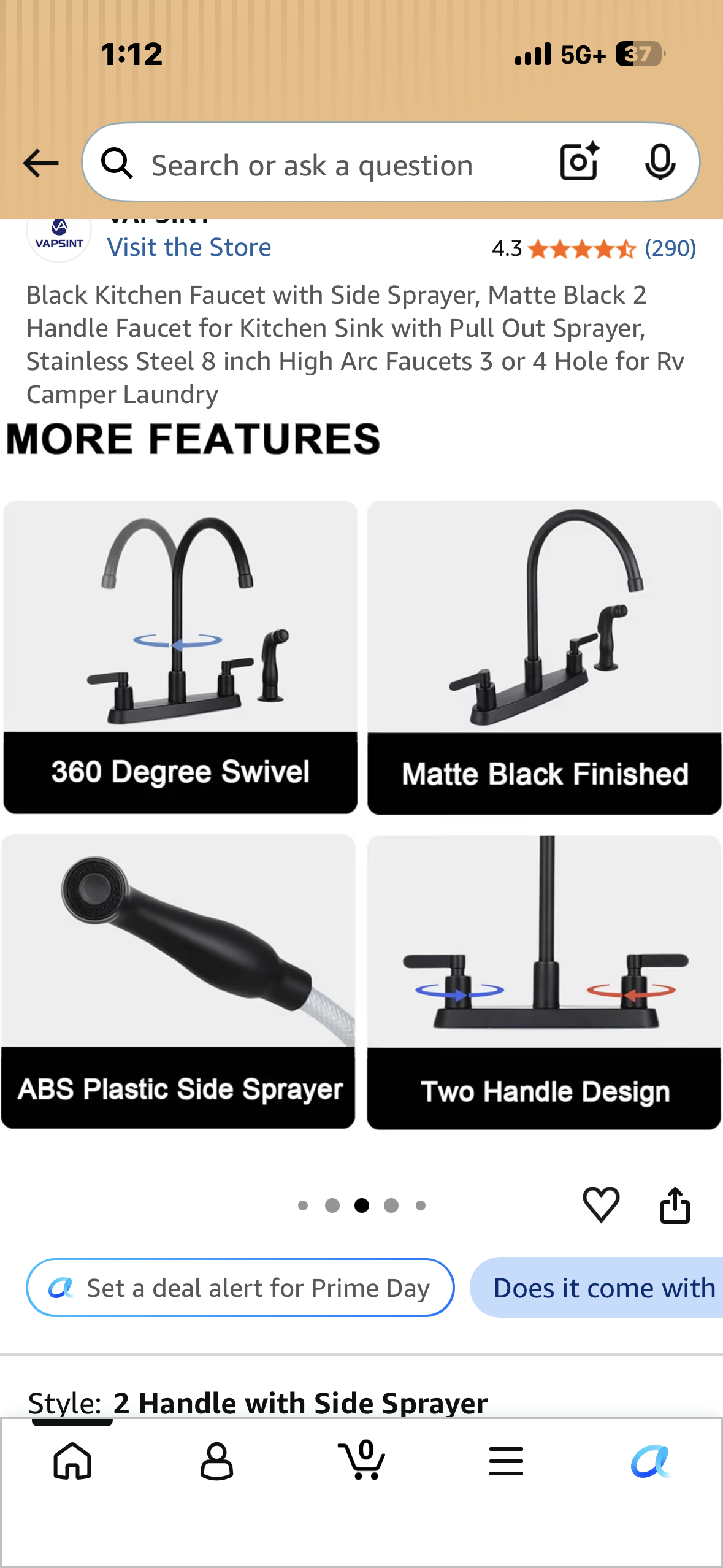 Black Kitchen Faucet with Side Sprayer, Matte Black 2 Handle Faucet for Kitchen Sink with Pull Out Sprayer, Stainless Steel 8 inch High Arc Faucets 3 or 4 Hole for Rv Camper Laundry