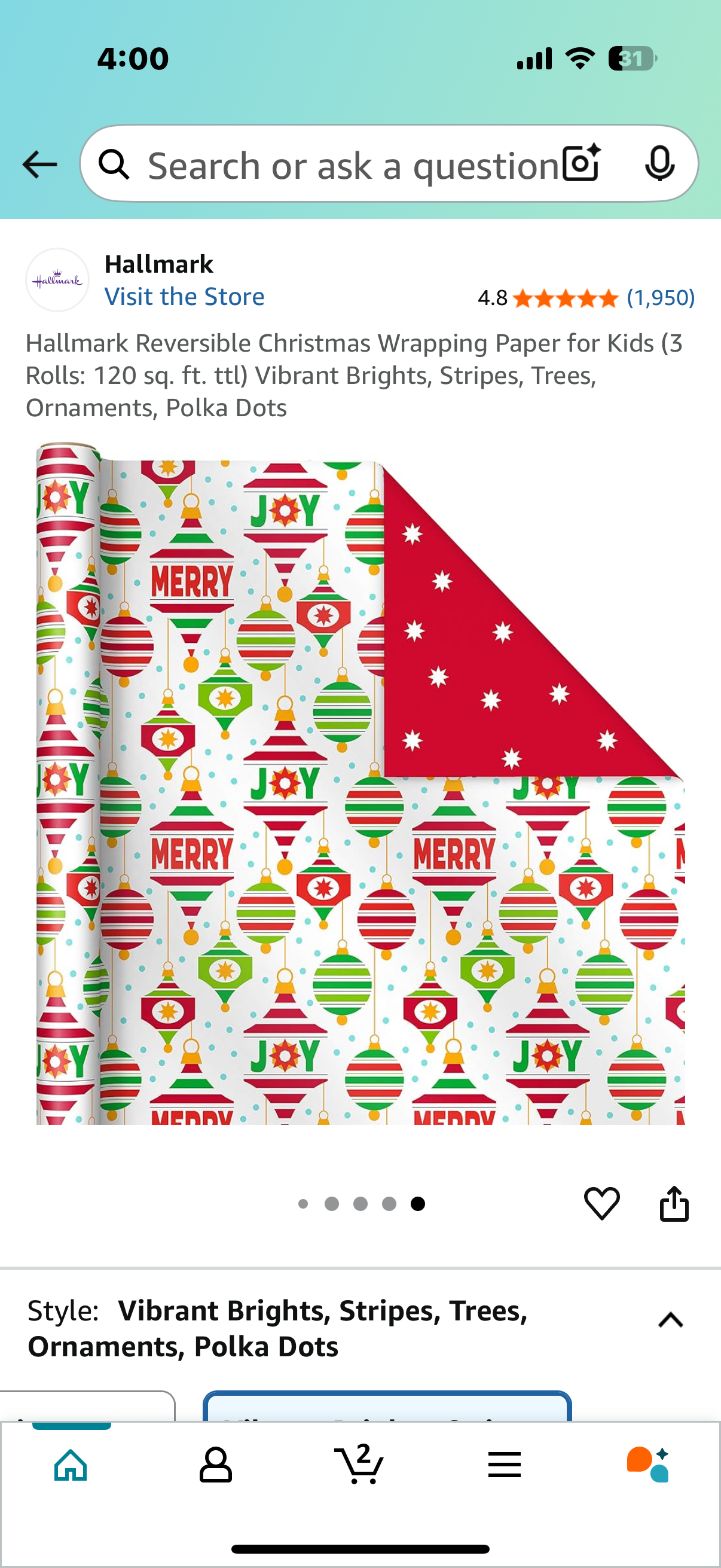 Hallmark Reversible Christmas Wrapping Paper for Kids (3 Rolls: 120 sq. ft. ttl) Vibrant Brights, Stripes, Trees, Ornaments, Polka Dots