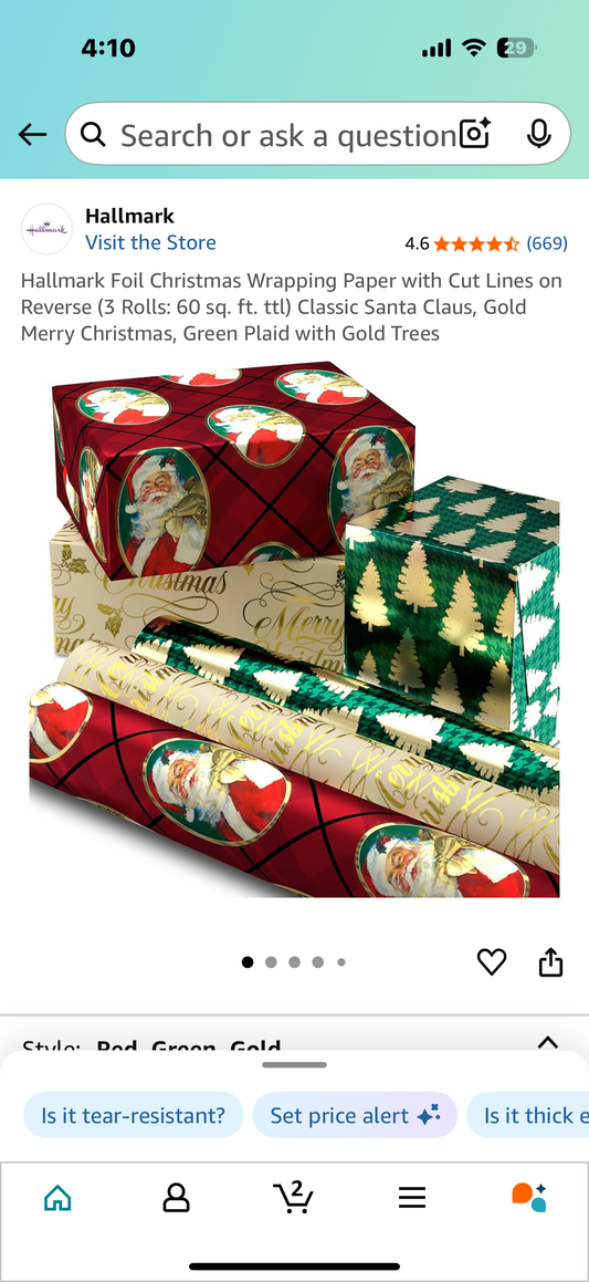 Hallmark Foil Christmas Wrapping Paper with Cut Lines on Reverse (3 Rolls: 60 sq. ft. ttl) Classic Santa Claus, Gold Merry Christmas, Green Plaid with Gold Trees